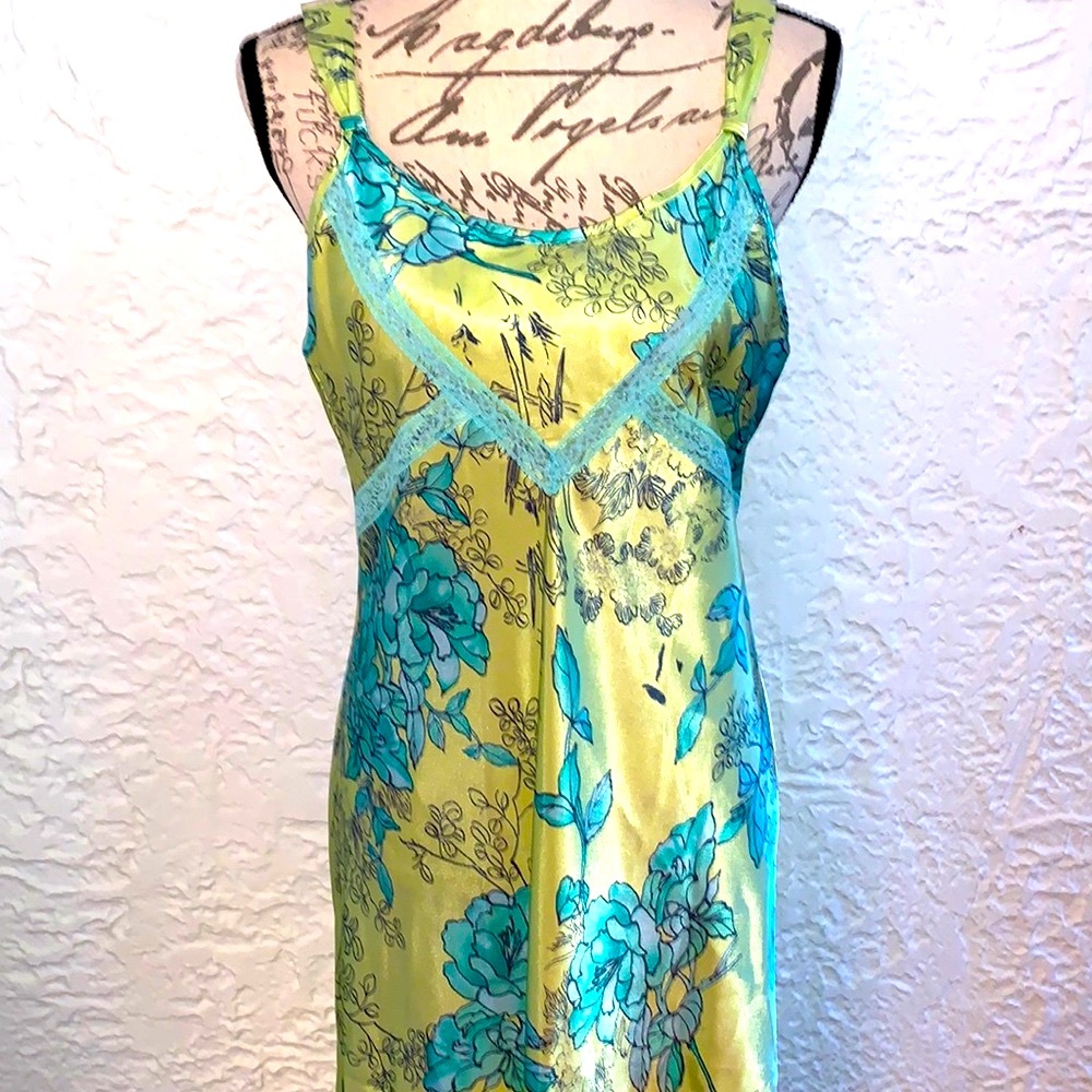 Stunning Soft Lime and Turquoise Floral Satin Chemise